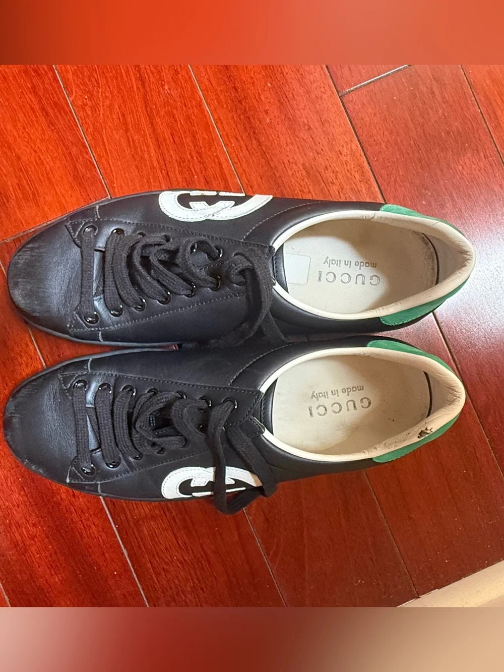 Gucci Black Leather Sneakers with White GG Logo and Green Heel